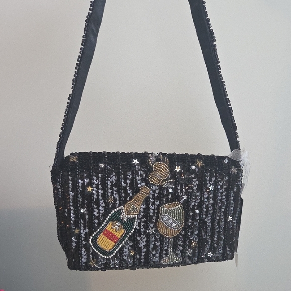 Handbags - Black Sequin Beaded Clutch Shoulder Bag with Champagne Motif